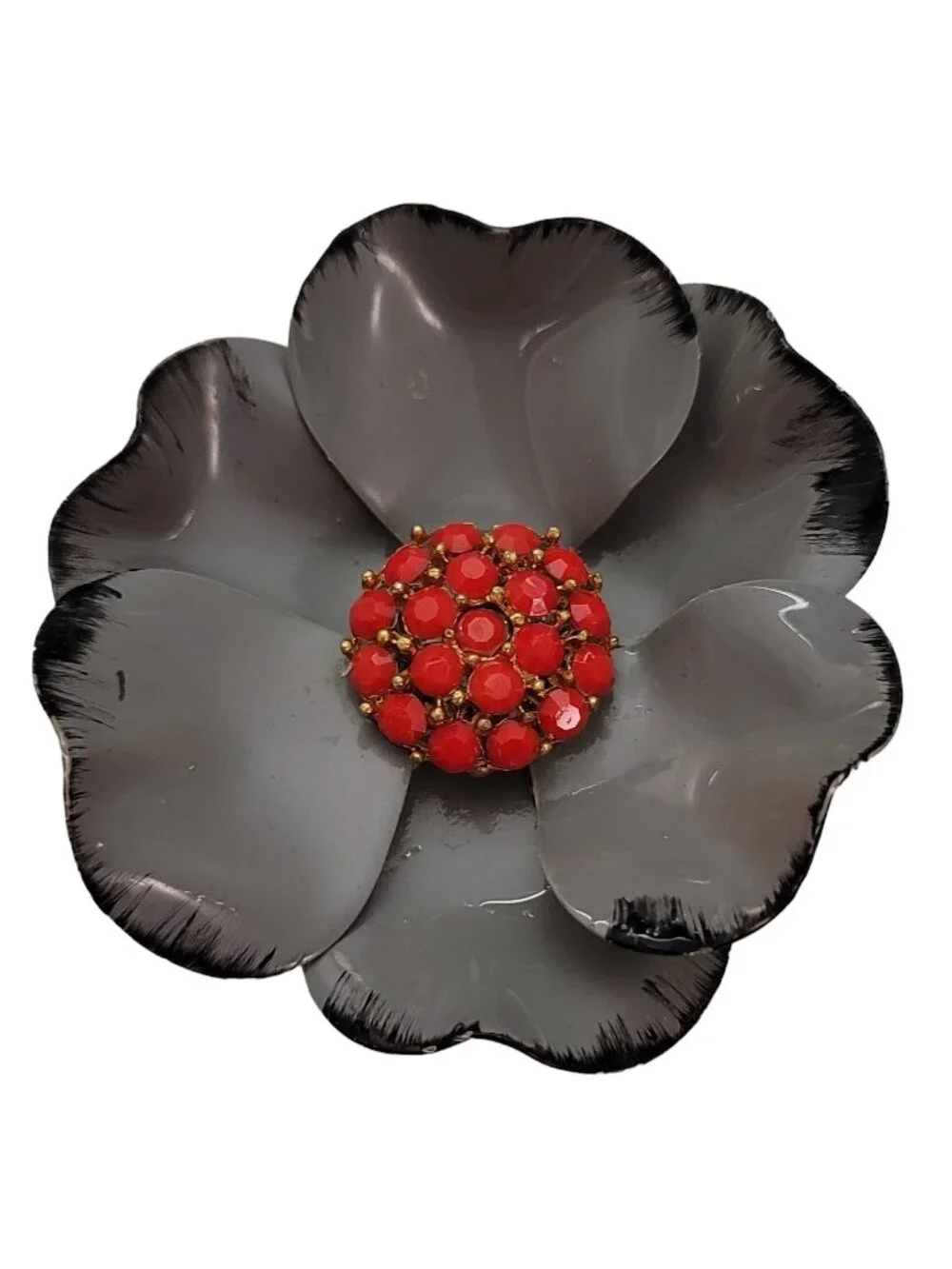 Vintage Scarlet Red Rhinestone And Gray Metal Flower Brooch Pin E650